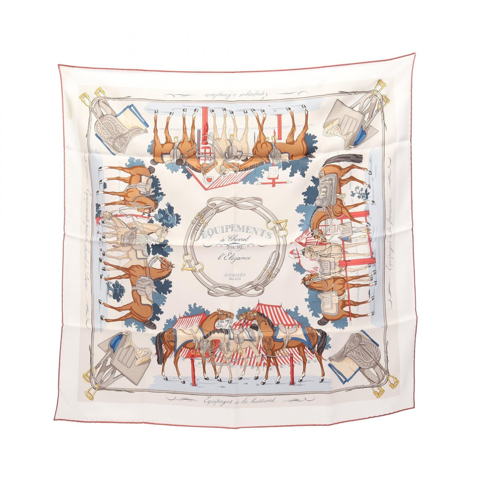 HERMES Carre 70 EQUIPEMENTS a Cheval SUR l\'Elegance Scarf Stole silk Preowned
