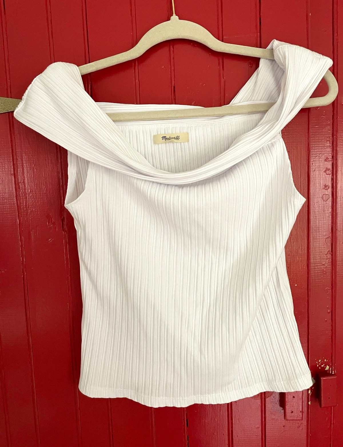 Madewell White Ribbed Knit off the shoulder Sleeveless Tank Top Stretch M Madewell White Ribbed Knit off the shoulder Sleeveless Tank Top Stretch M