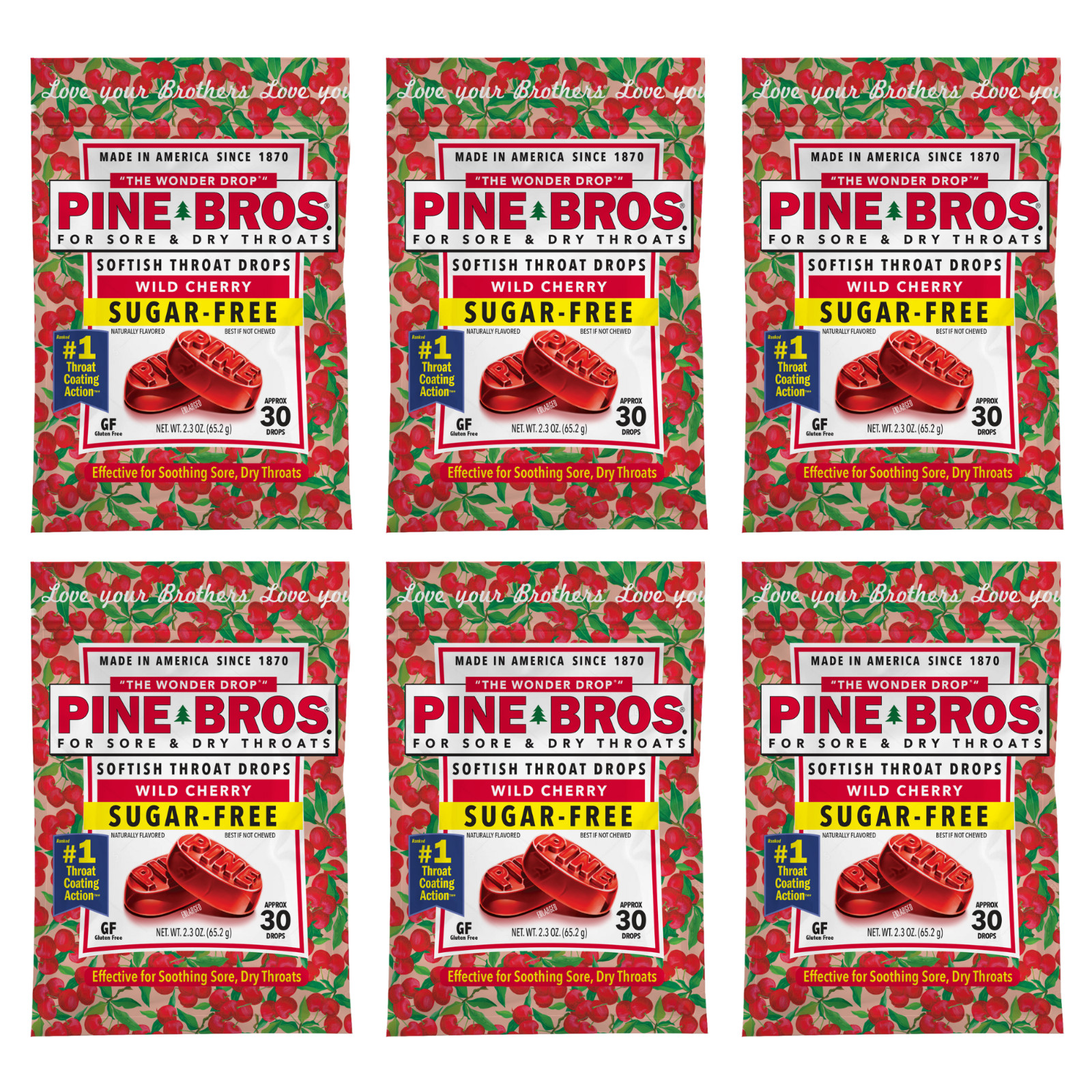 Pine Bros Softish Throat Drops Wild Cherry Sugar Free -- 30 Drops (Pack of 6)