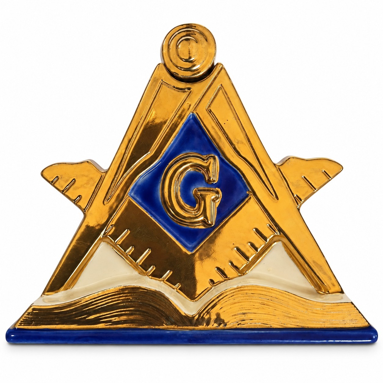 LARGE Vintage 1971 Masonic Freemason Ceramic Whiskey Decanter Gold Blue RARE