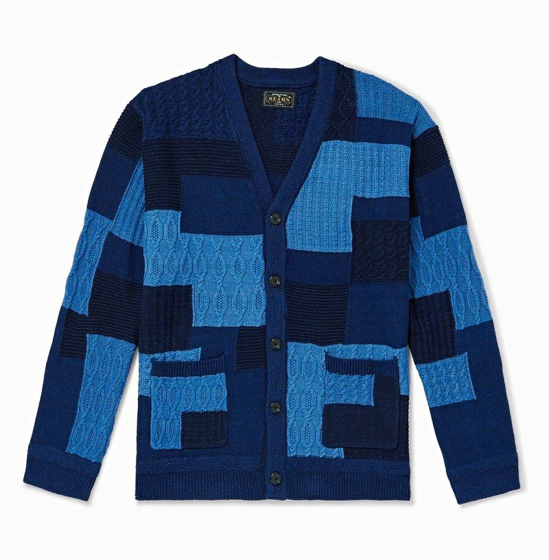 BEAMS Plue Men\'s Blue Patchwork Knitted Cardigan Sweater w/ Pockets L
