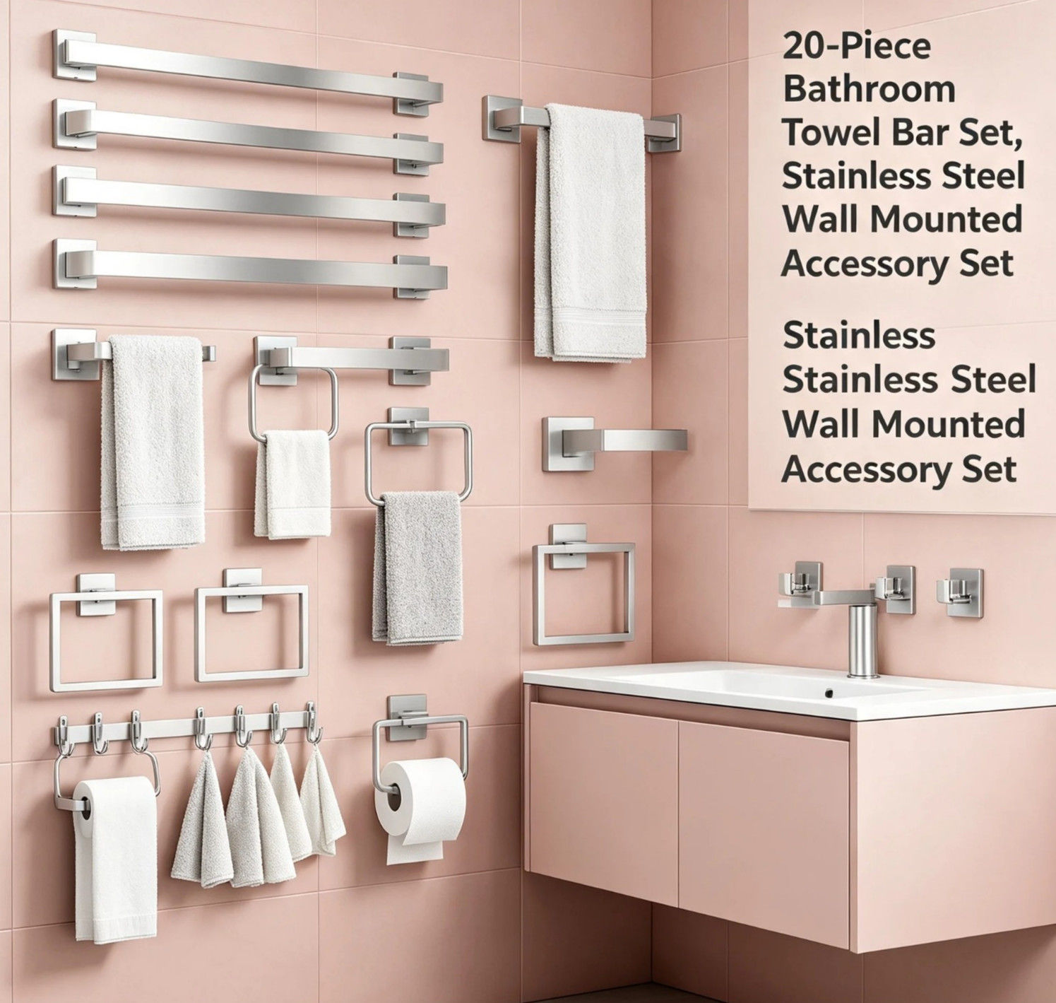 20 Piece Stainless Steel Bathroom Hordware Towel Bar Accessories Set Rackes