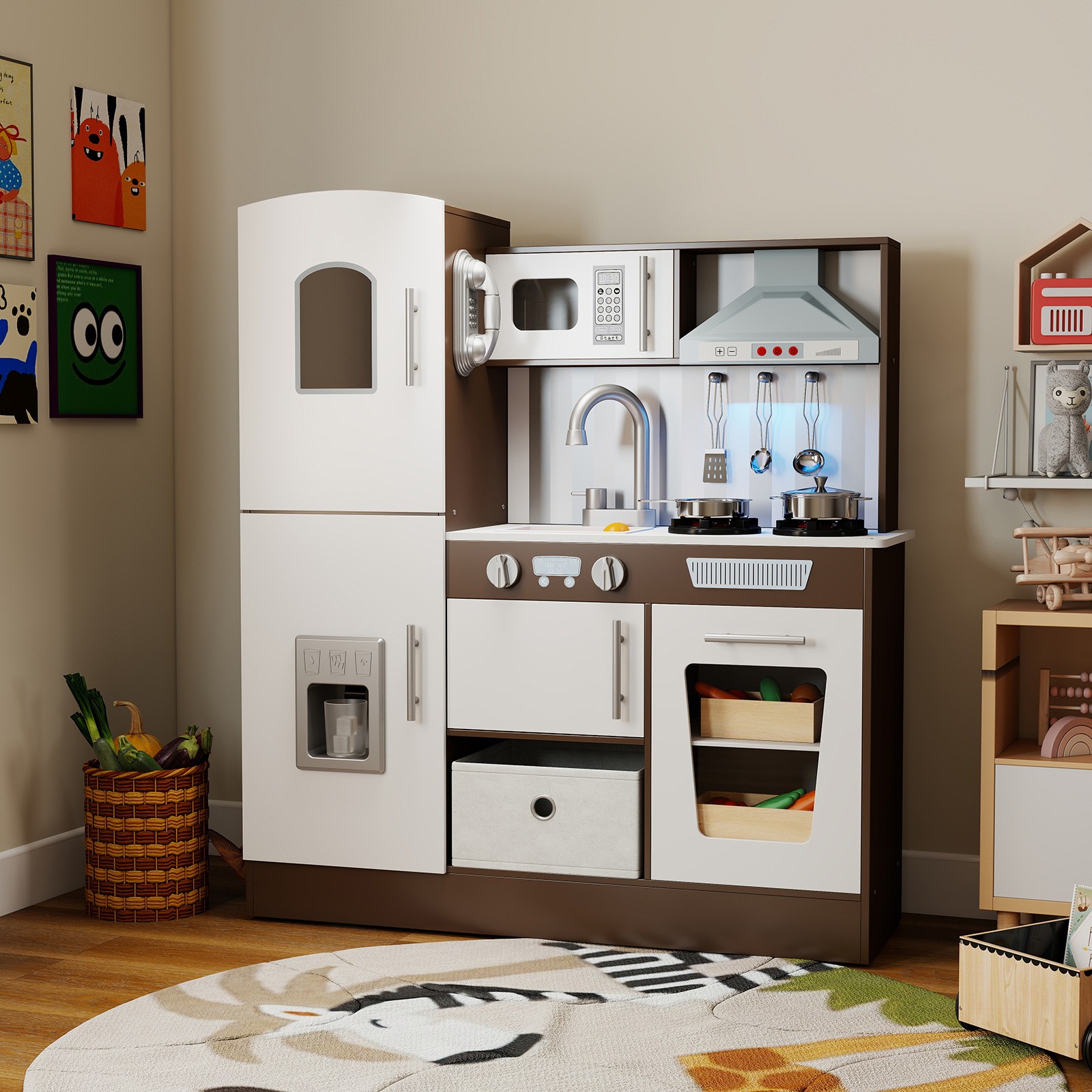 Kids Pretend Play Kitchen Set Toddler Wooden Cooking Playset Toys w/Sounds,Light