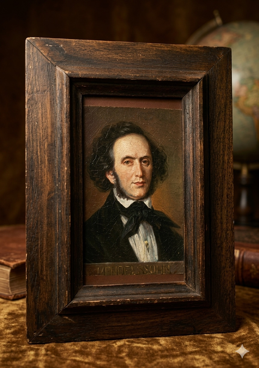 19thC Antique Felix Mendelssohn Oil Portrait Painting, Fine Art Collectible