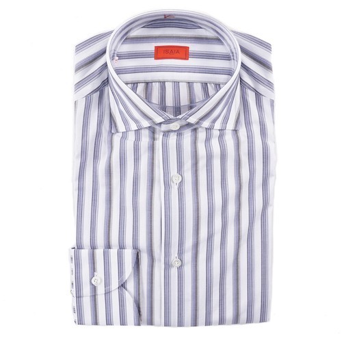 Isaia Modern \'Mix Fit\' Slate Blue and Gray Stripe Cotton Dress Shirt 15 (Eu 38)