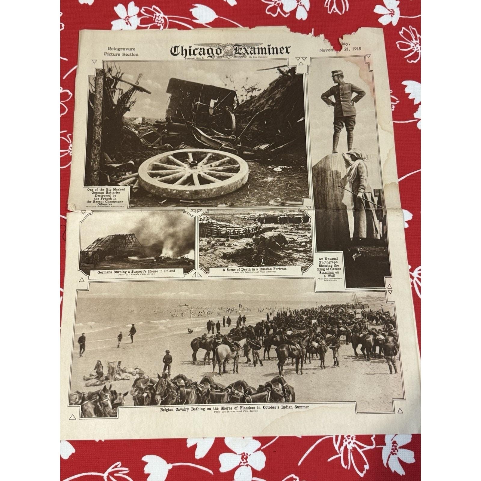 World War l Chicago Examiner newspaper captions describing scenes. 11/21/1915 World War l Chicago Examiner newspaper captions describing scenes. 11/21/1915