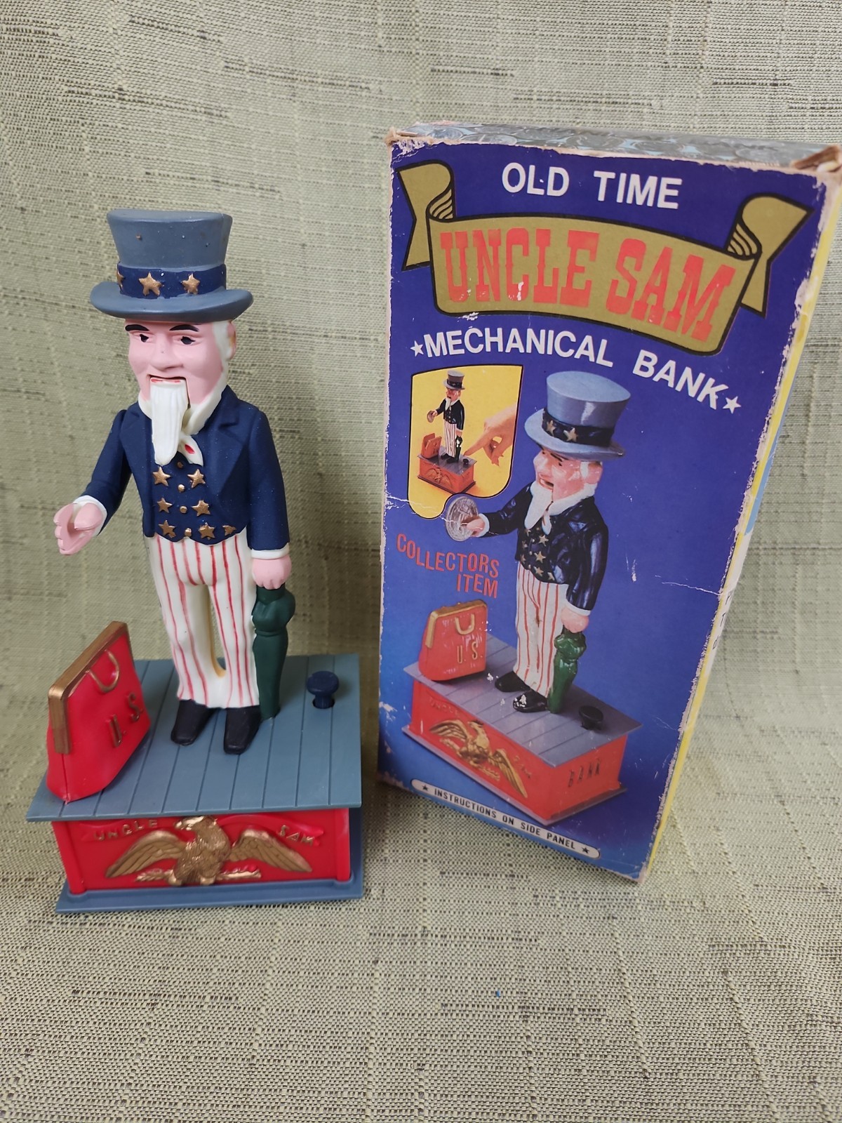 Vtg 1975 Plastic Reproduction Old Time Uncle Sam Mechanical Bank, Original Box Vtg 1975 Plastic Reproduction Old Time Uncle Sam Mechanical Bank, Original Box