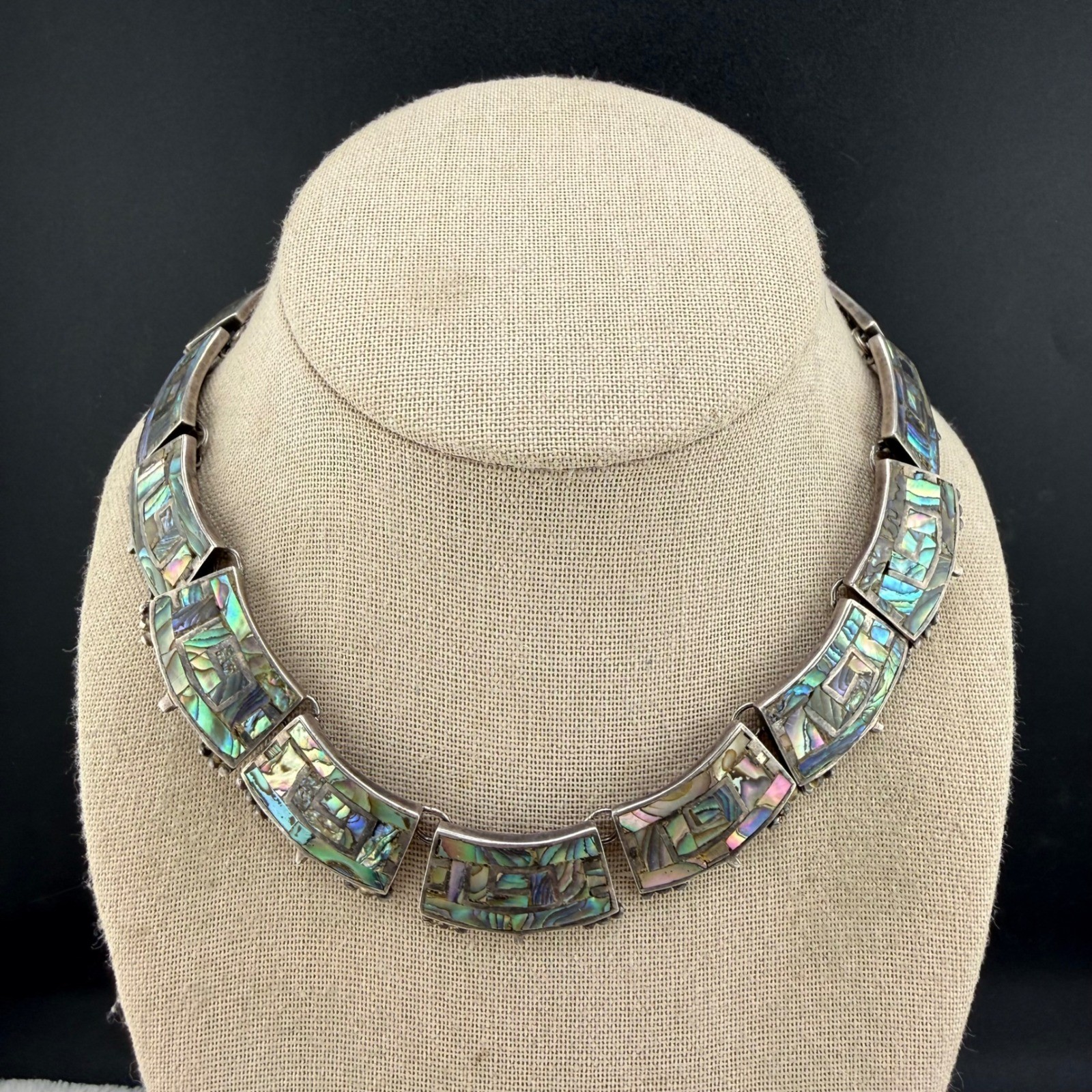 Vintage Taxco Necklace Silver Abalone Inlay Mosaic Geometric Collar Choker 16in
