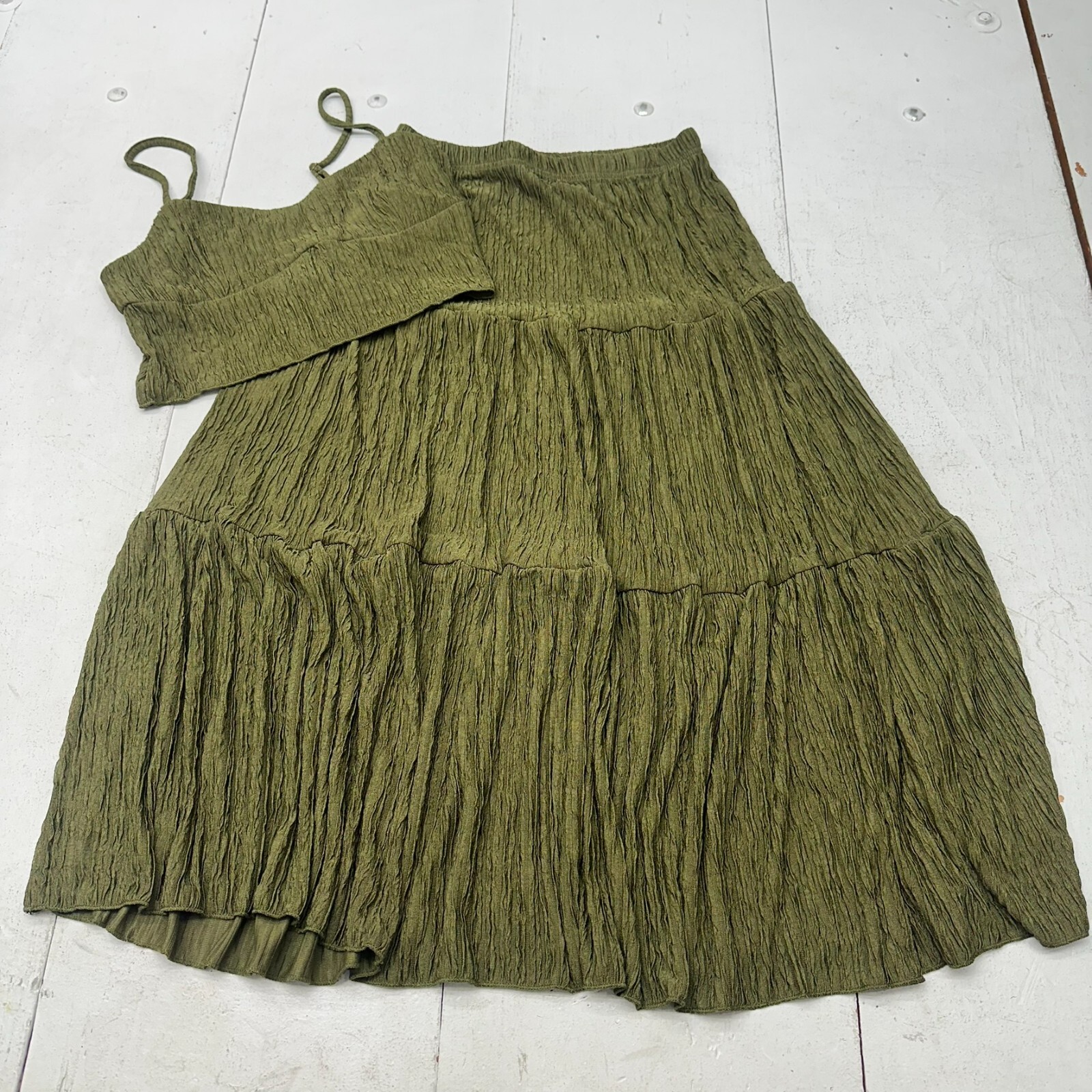 Shein Dark Green Ruched Textured Long Skirt Cropped Tank Top Set Women\'s Size M