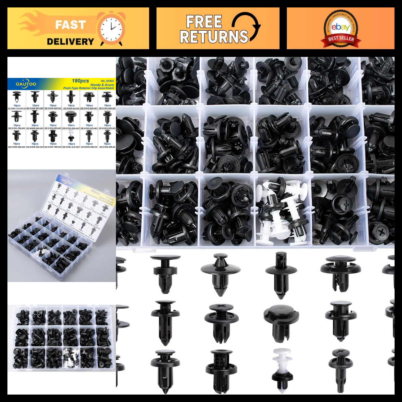 180pcs Push-Type Retainer Clip Set for Honda Acura Bumper Fender Splash Shield