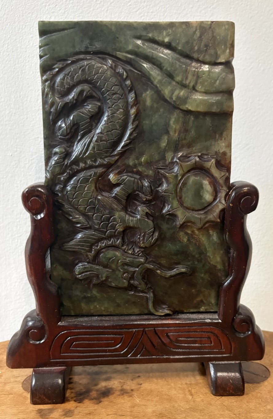 Antique Carved Old Chinese Spinach Jade Table Screen Sun Dragon Bird Estate