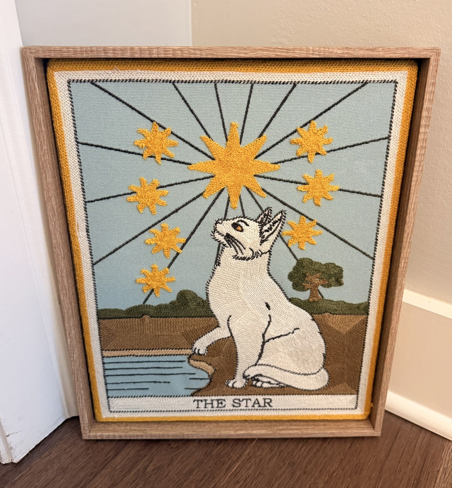 BP Home Woven Embroidered Textile Wall Art THE STAR White Cat Decor 12”x 15”