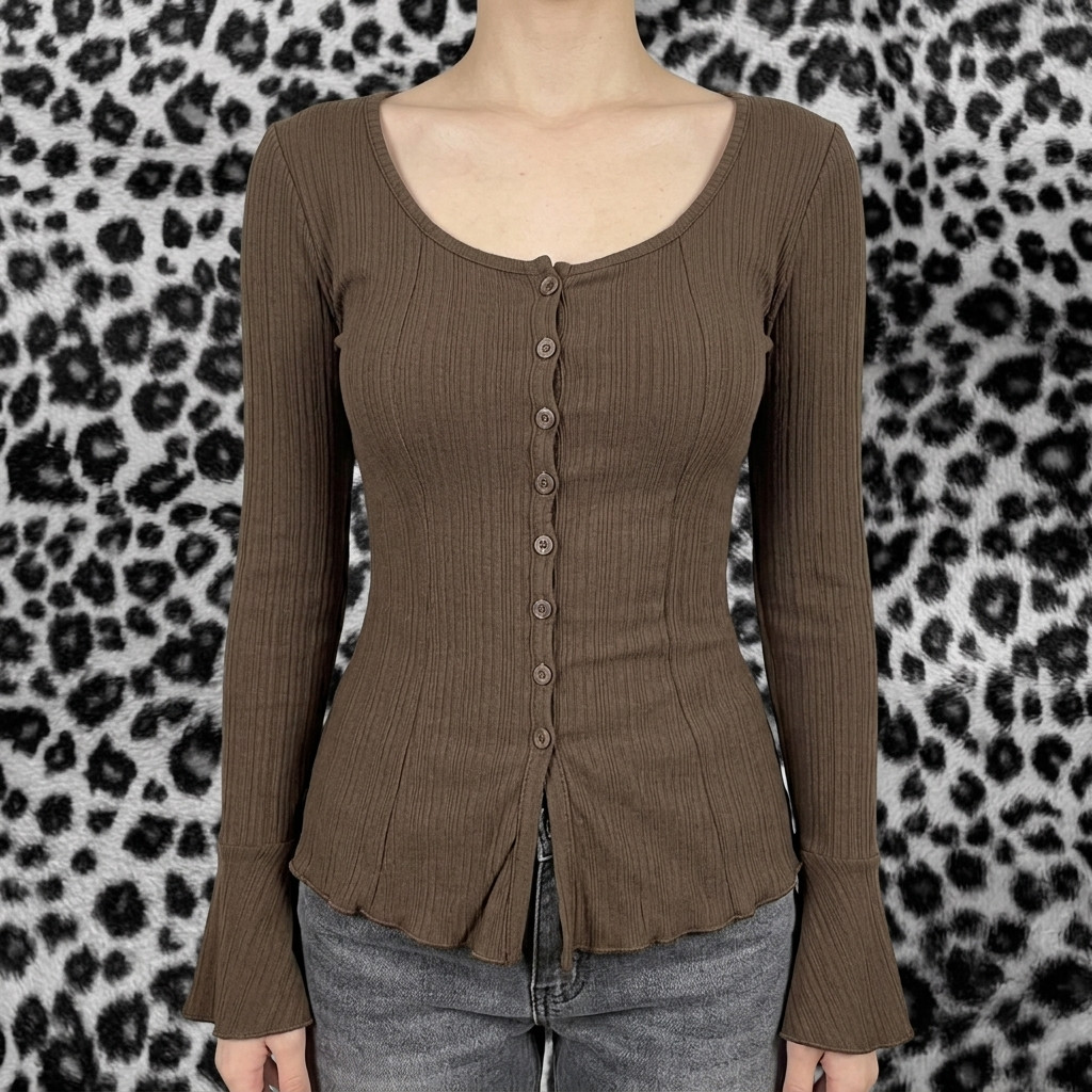 Coquette Brown ribbed button-front top Coquette Brown ribbed button-front top