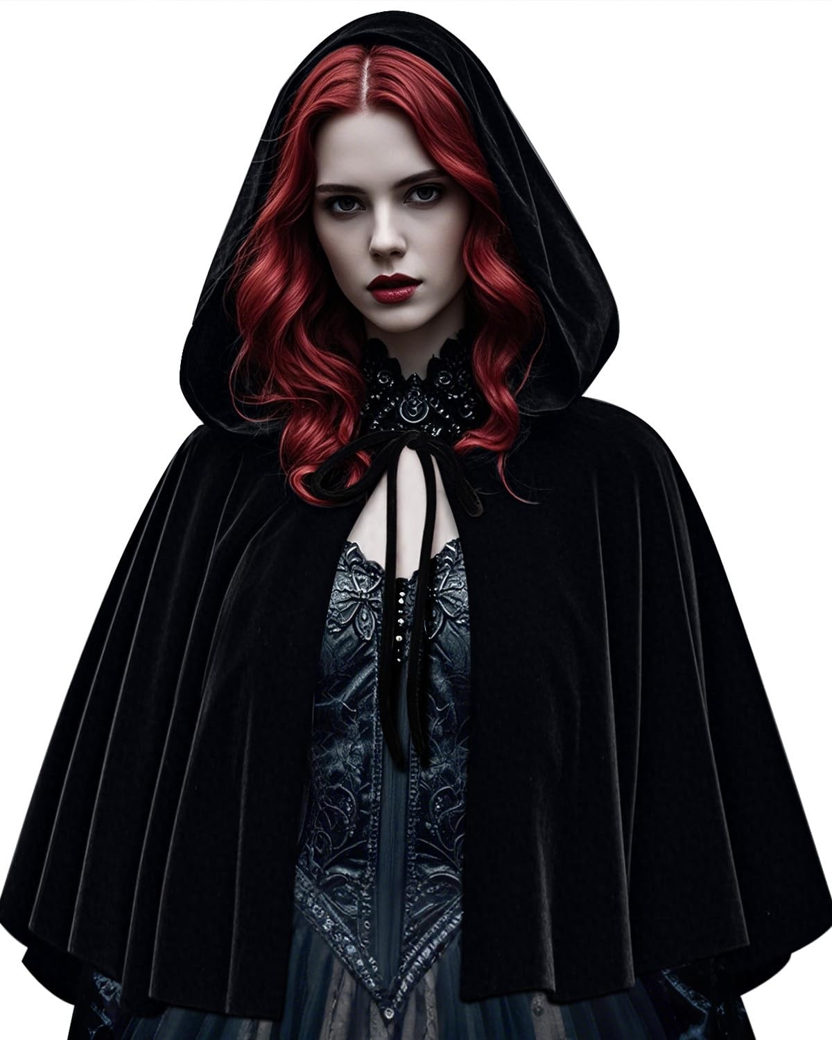 L\'VOW Women\'s Gothic Hooded Cloak Black Velvet Cape with Hood L\'VOW Women\'s Gothic Hooded Cloak Black Velvet Cape with Hood