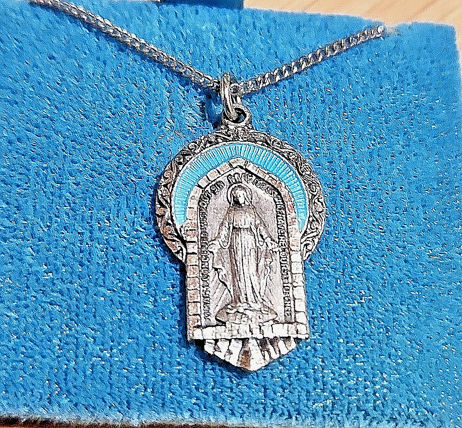 Antique Virgin Mary Pendant And Neck Chain. Sterling Silver. Never Worn