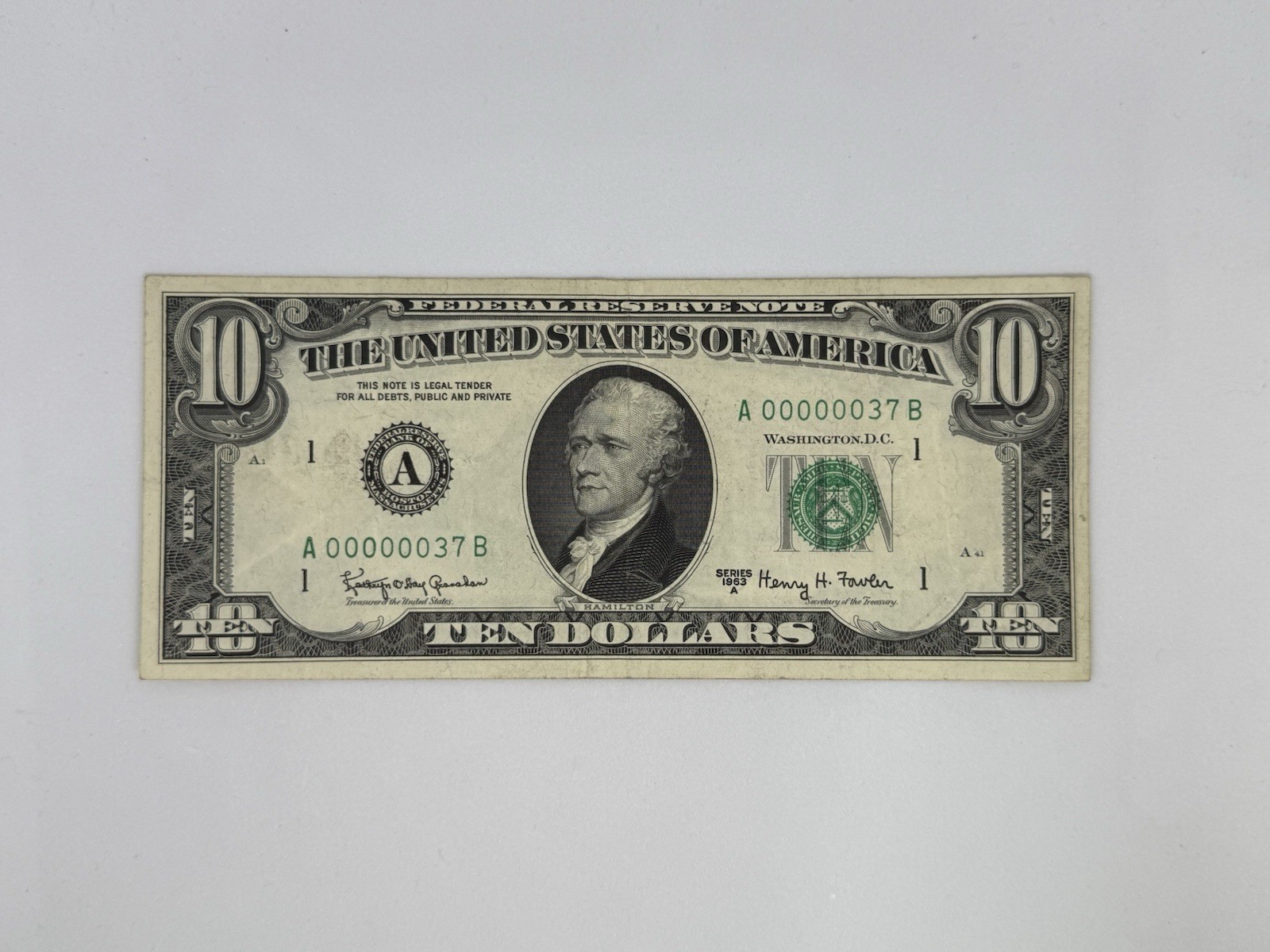 1963 10 TEN $ DOLLAR BILL FEDERAL RESERVE NOTE LOW SERIAL # A 00000037 B RARE 1963 10 TEN $ DOLLAR BILL FEDERAL RESERVE NOTE LOW SERIAL # A 00000037 B RARE