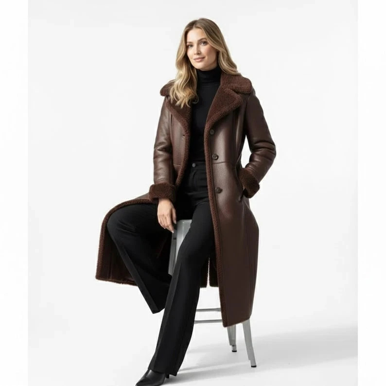 Women’s Genuine Sheepskin Leather Long Coat – Luxury Soft Fur Lined Winter Jack