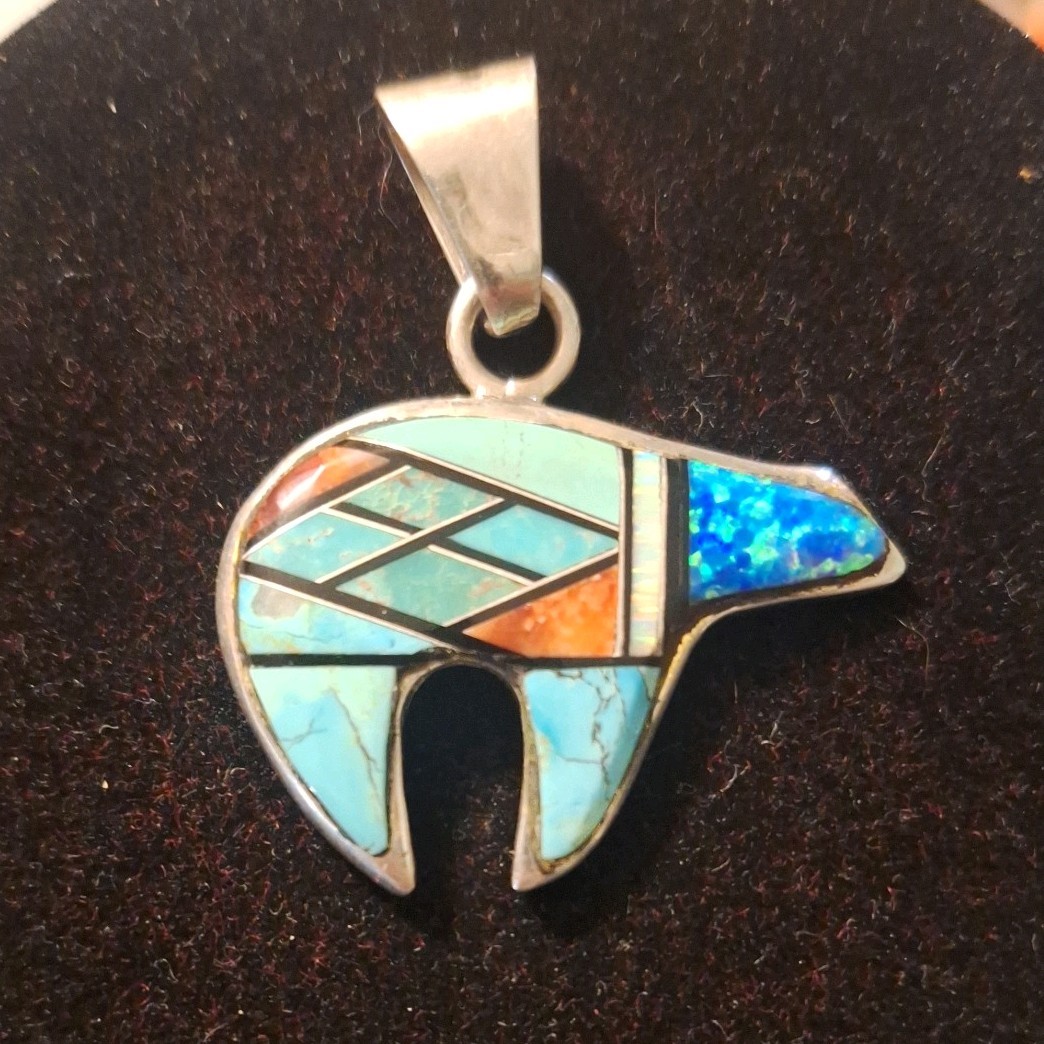 VINTAGE Navajo Sterling Silver Turquoise Inlay Bear Pendant Signed GS BEAUTIFUL