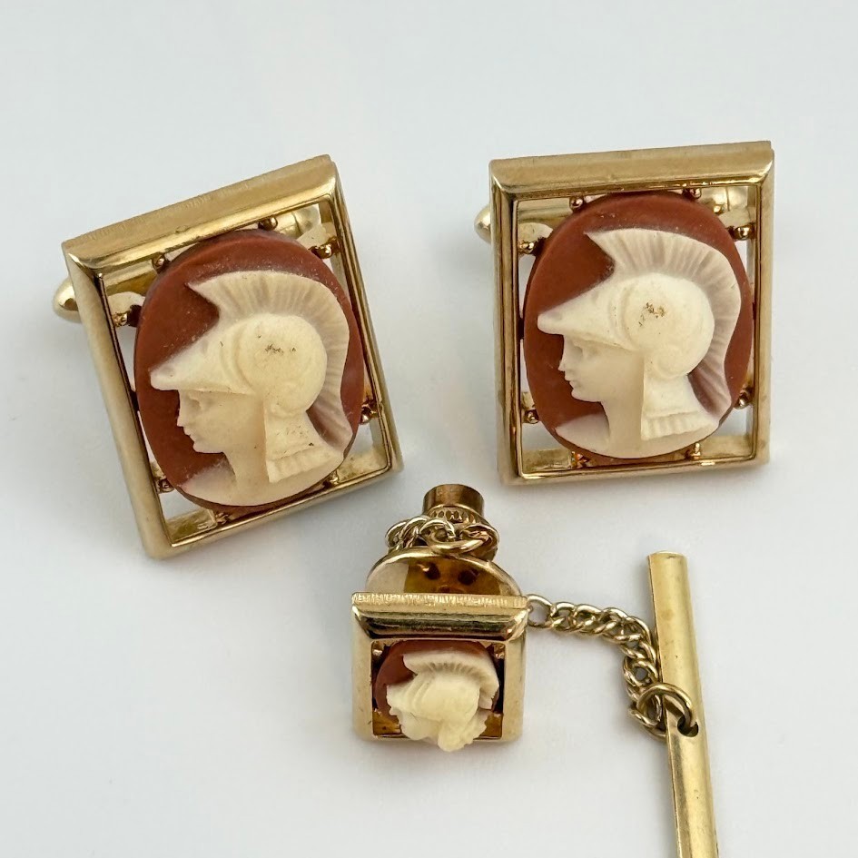 Vtg Roman Warrior Empire Cameo Cufflinks Tie Tack Set Gold Tone Gladiator Vtg Roman Warrior Empire Cameo Cufflinks Tie Tack Set Gold Tone Gladiator