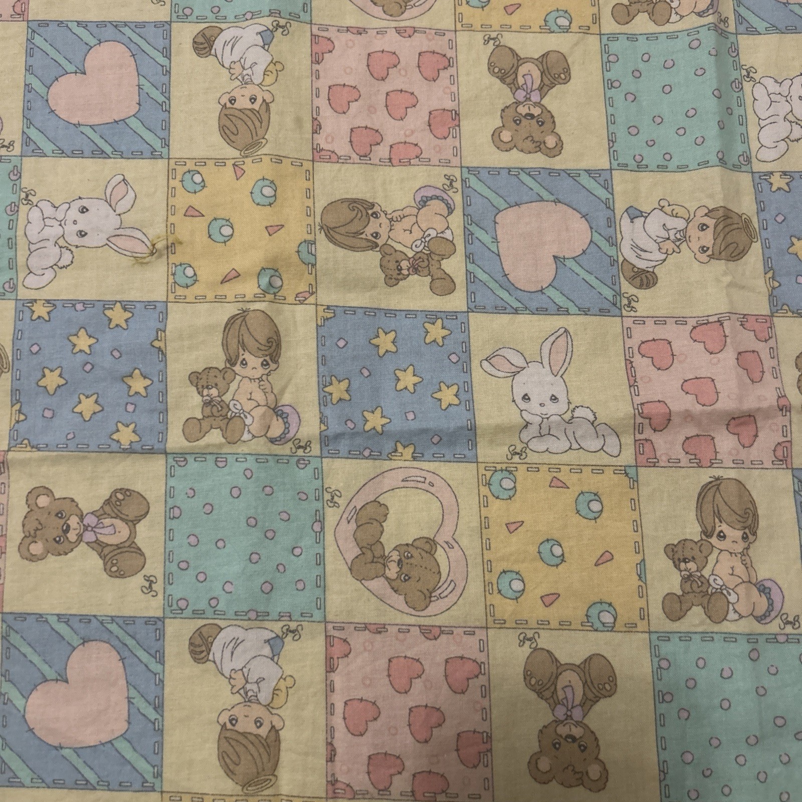 PRECIOUS MOMENTS blocks/squares, pastel, kids, teddy bunny Vtg Fabric 23”x44”