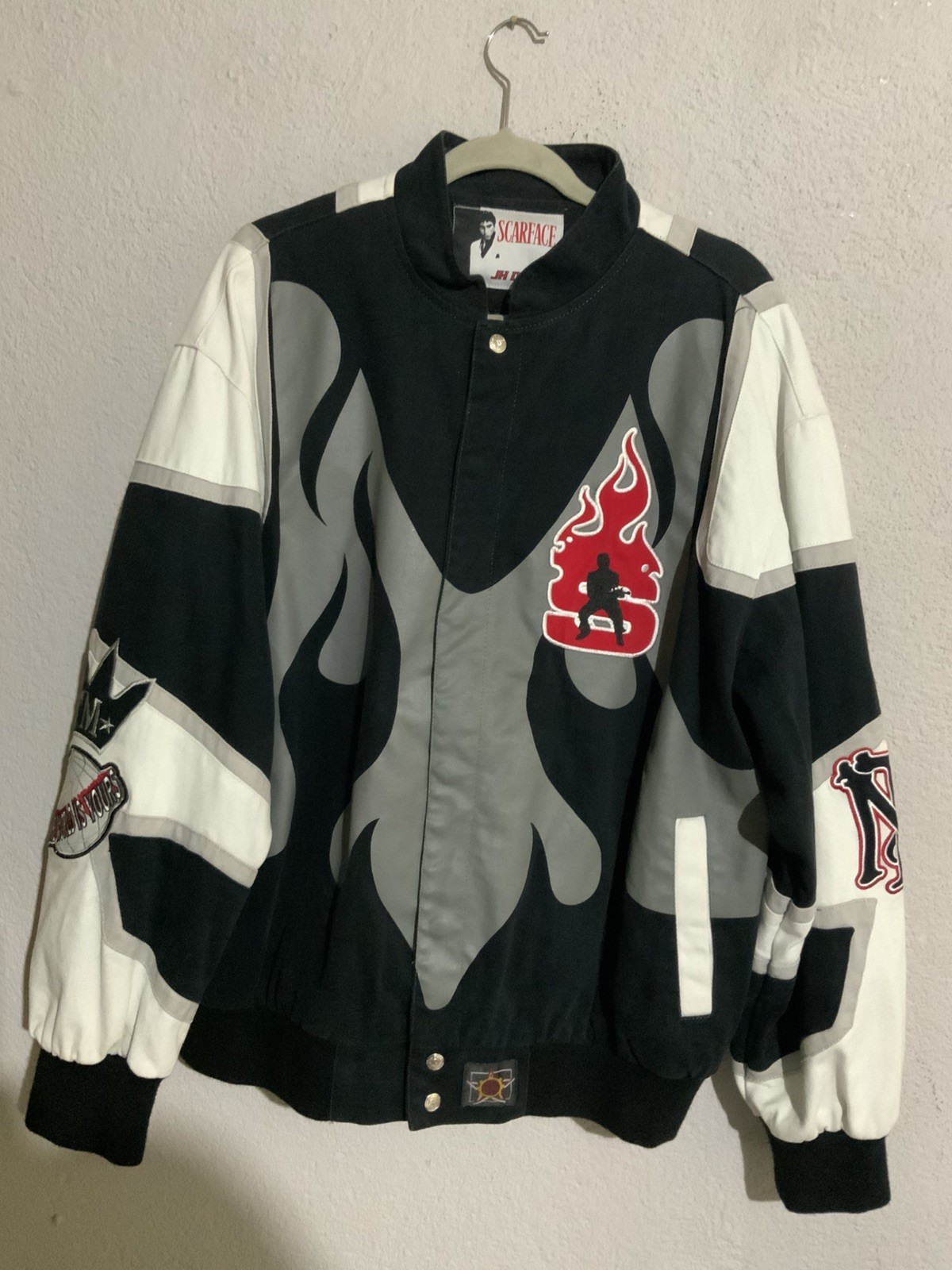 JH Design Scarface Jacket Vintage Tony Montana Flame Embroidered Twill Bomber XL