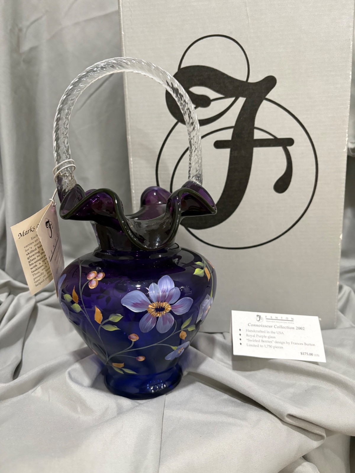 Fenton Royal Purple Swirled Berries Basket 6531 FG 2002 Connoisseur LE 84 NIB Fenton Royal Purple Swirled Berries Basket 6531 FG 2002 Connoisseur LE 84 NIB
