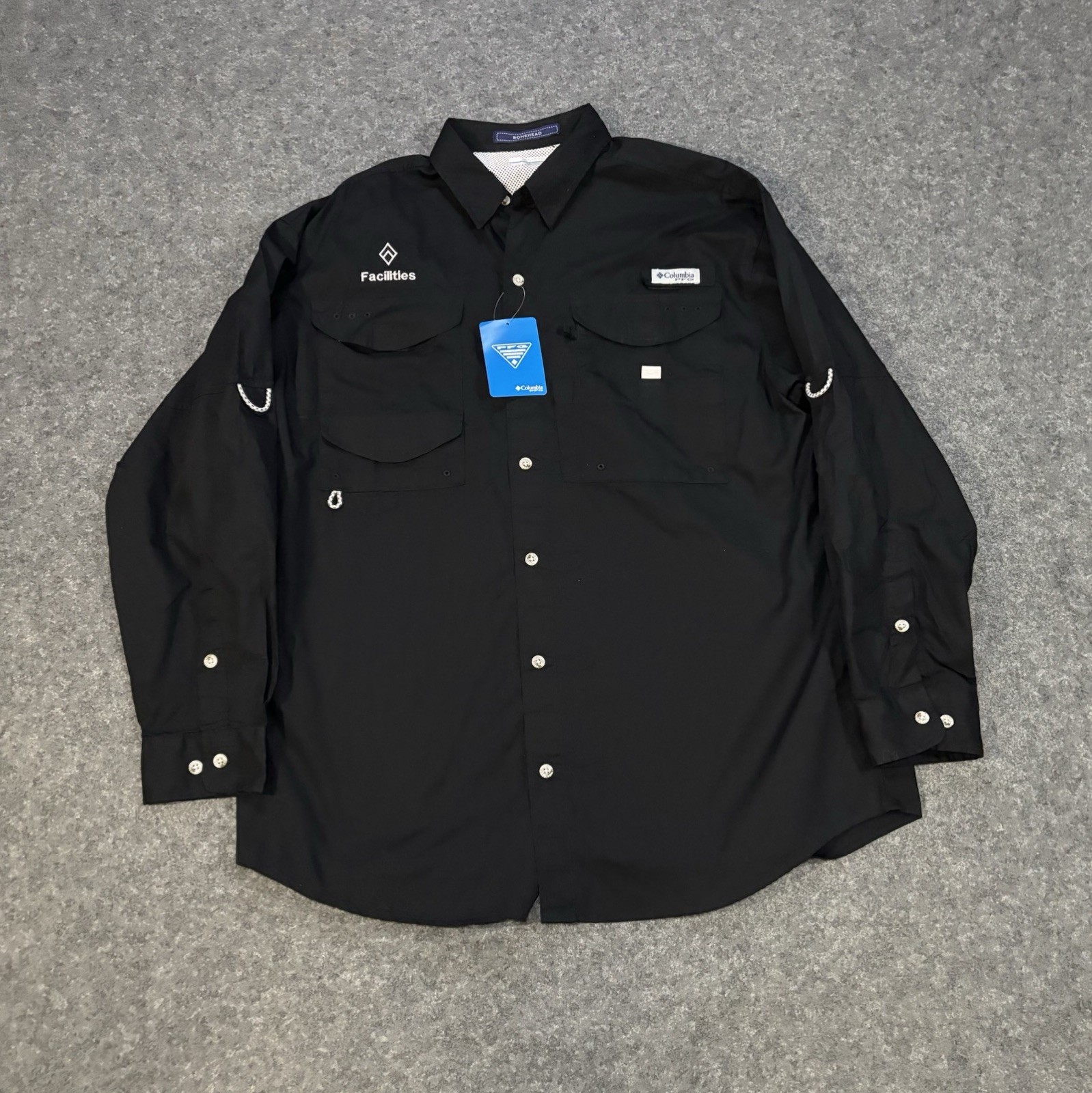 Columbia PFG Button Shirt Men’s Medium Long Sleeve Fishing Vented Black Logo NEW Columbia PFG Button Shirt Men’s Medium Long Sleeve Fishing Vented Black Logo NEW
