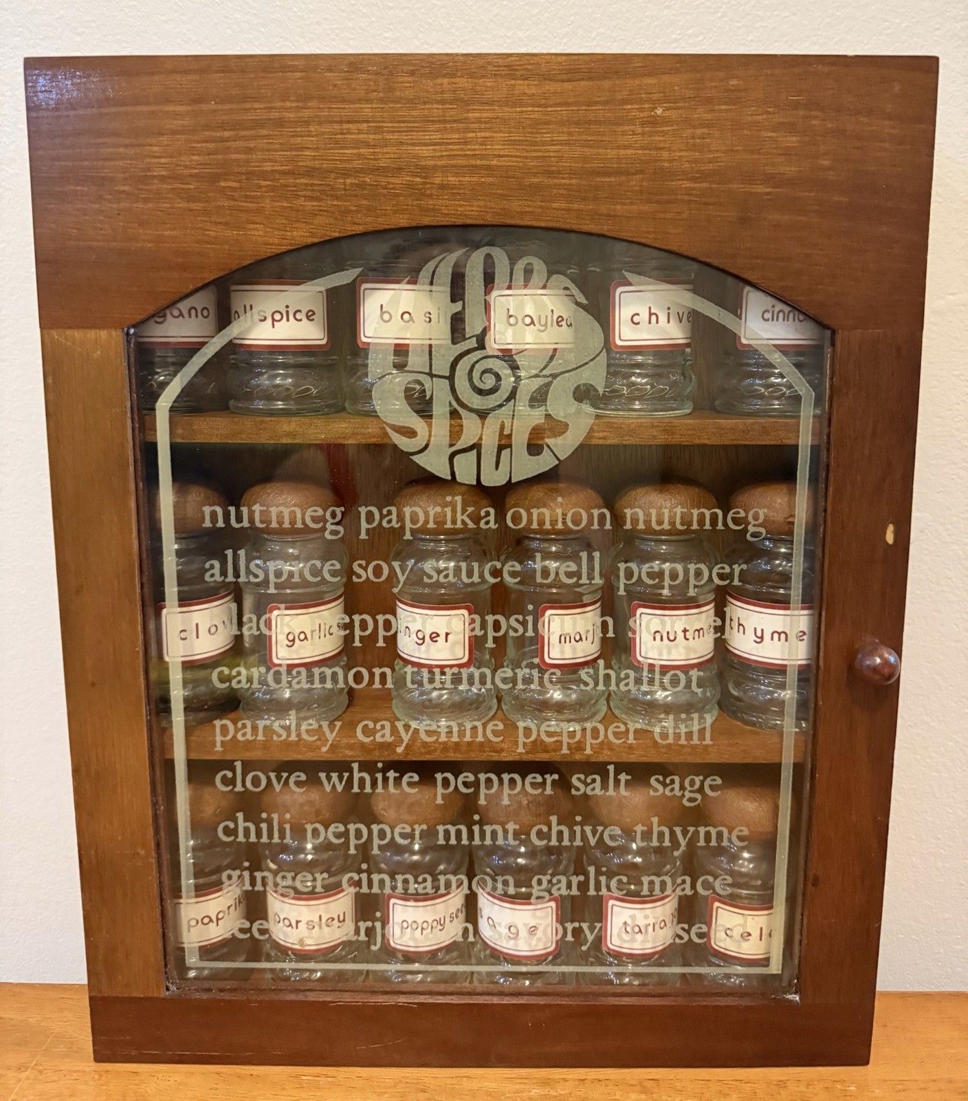 Vintage 1970s Gailstyn-Sutton Wood Spice Rack Cabinet w/ Complete Set of 18 Jars