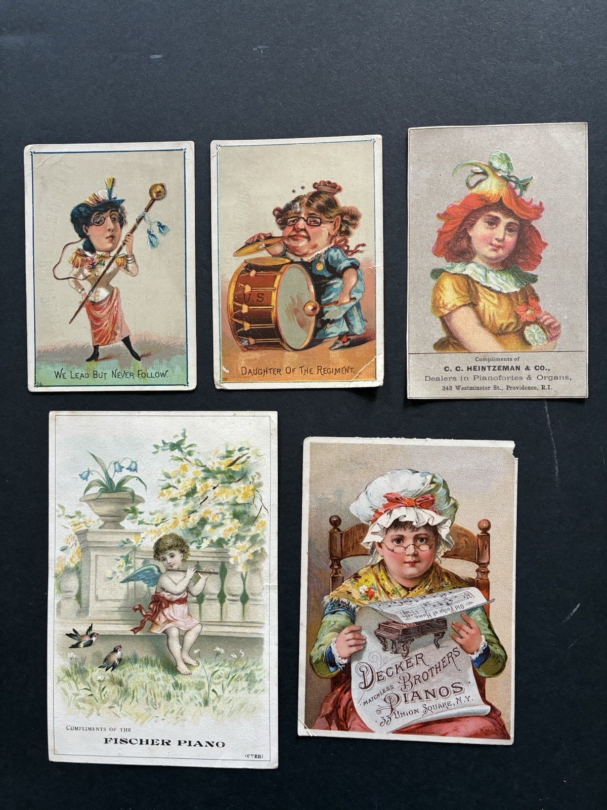 Antique Victorian Trade Card Lot (5) Piano Organ Advertising Suffragette Comic