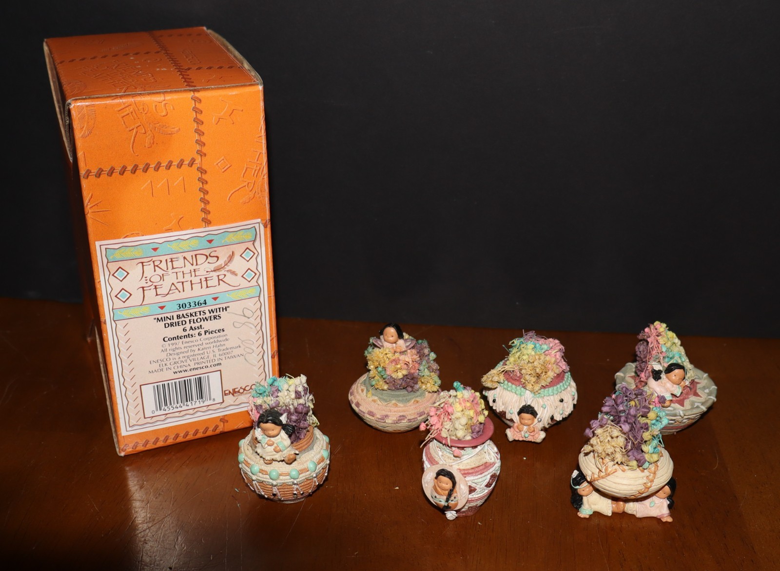 1997 ENESCO Friends of the Feather Mini Baskets of Flowers NEW Resin (6) 1997 ENESCO Friends of the Feather Mini Baskets of Flowers NEW Resin (6)
