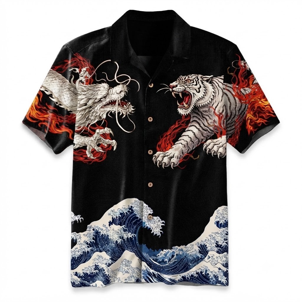 Japanese Dragon Tiger Hawaiian Shirt Men Wave Irezumi Summer Aloha Beach Top