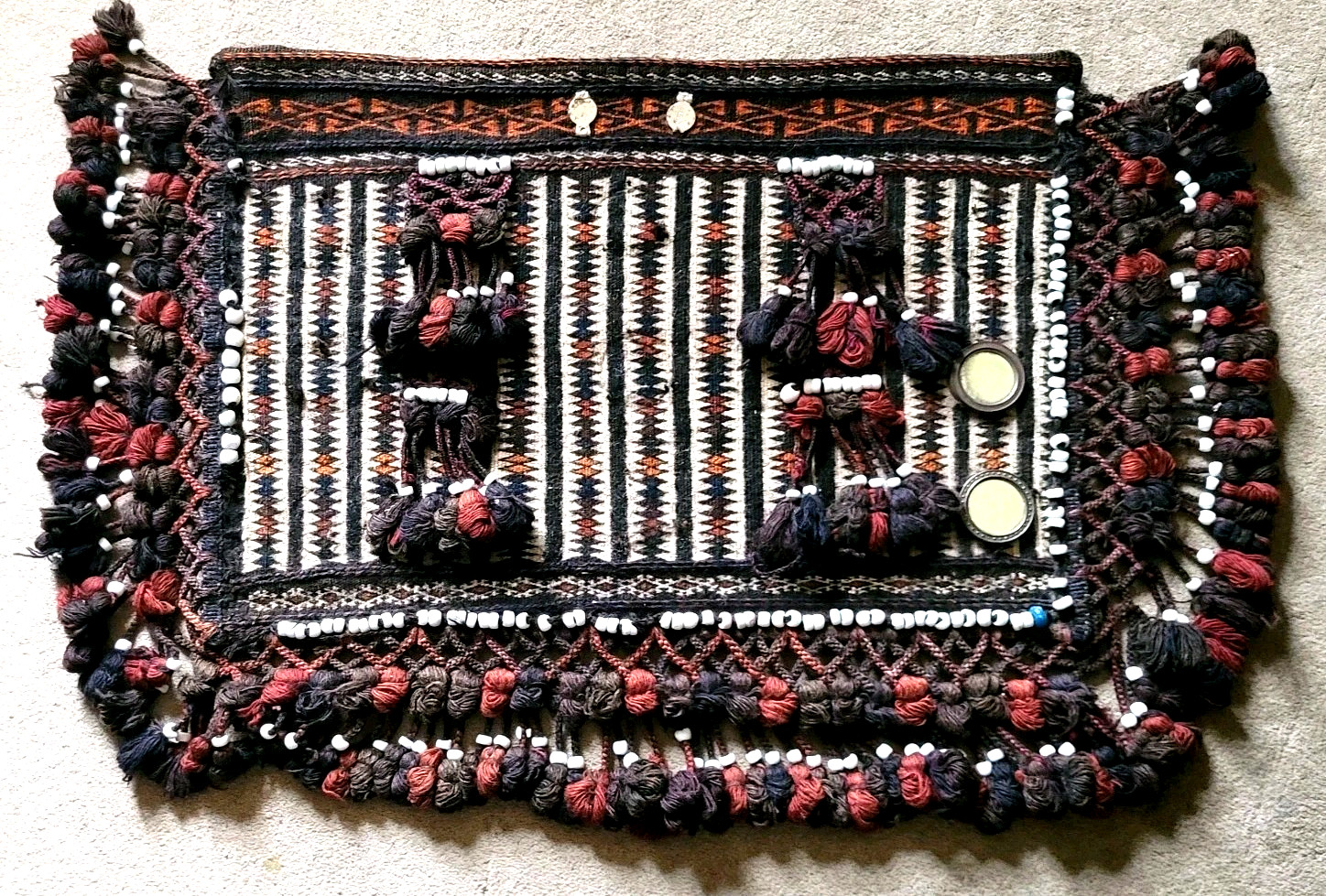 Antique Turkoman Rug Saddlebag Tribal Mafrash Kilim W Tassels & Beads Nice 