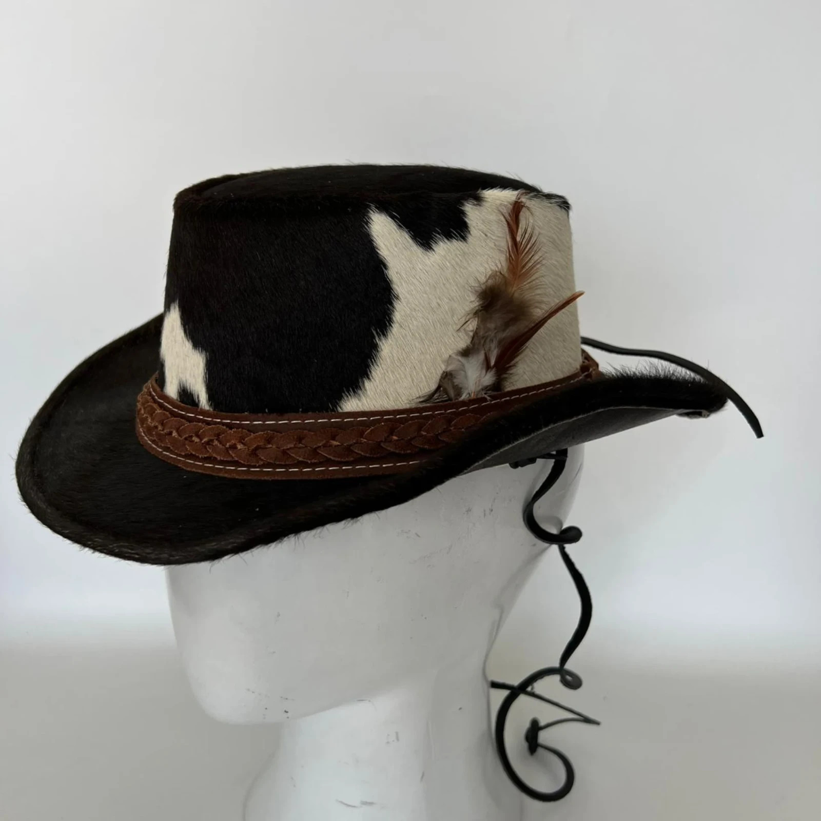 Handmade Cowhide Spotted Leather Cowboy Hat, Steampunk Brown Braided Band Fedora