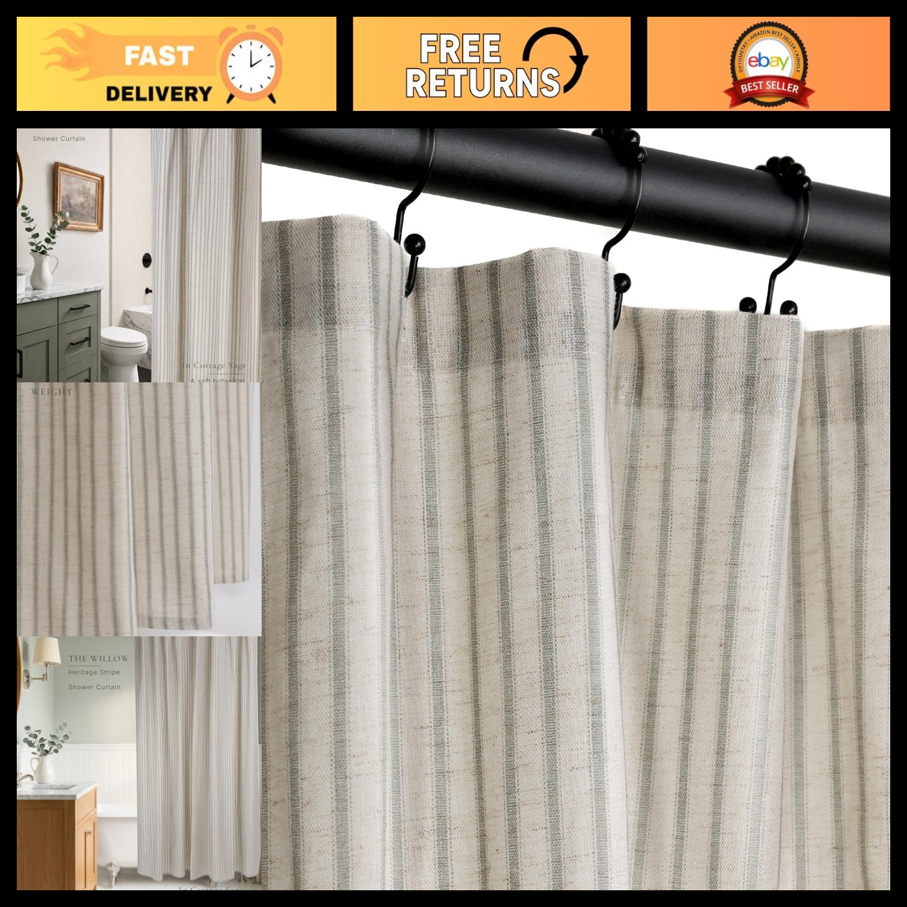 Farmhouse Striped Shower Curtain 72x84\