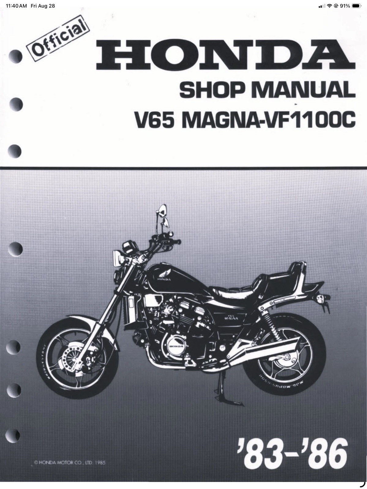 1983-1986 Honda V65 Magna VF1100C VF1100 1100 Service Shop Repair Manual
