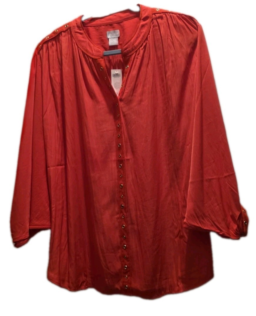 Chico\'s Women\'s Red Ring Trim 3/4 Sleeve Blouse Size 3/Xl New with Tags Chico\'s Women\'s Red Ring Trim 3/4 Sleeve Blouse Size 3/Xl New with Tags