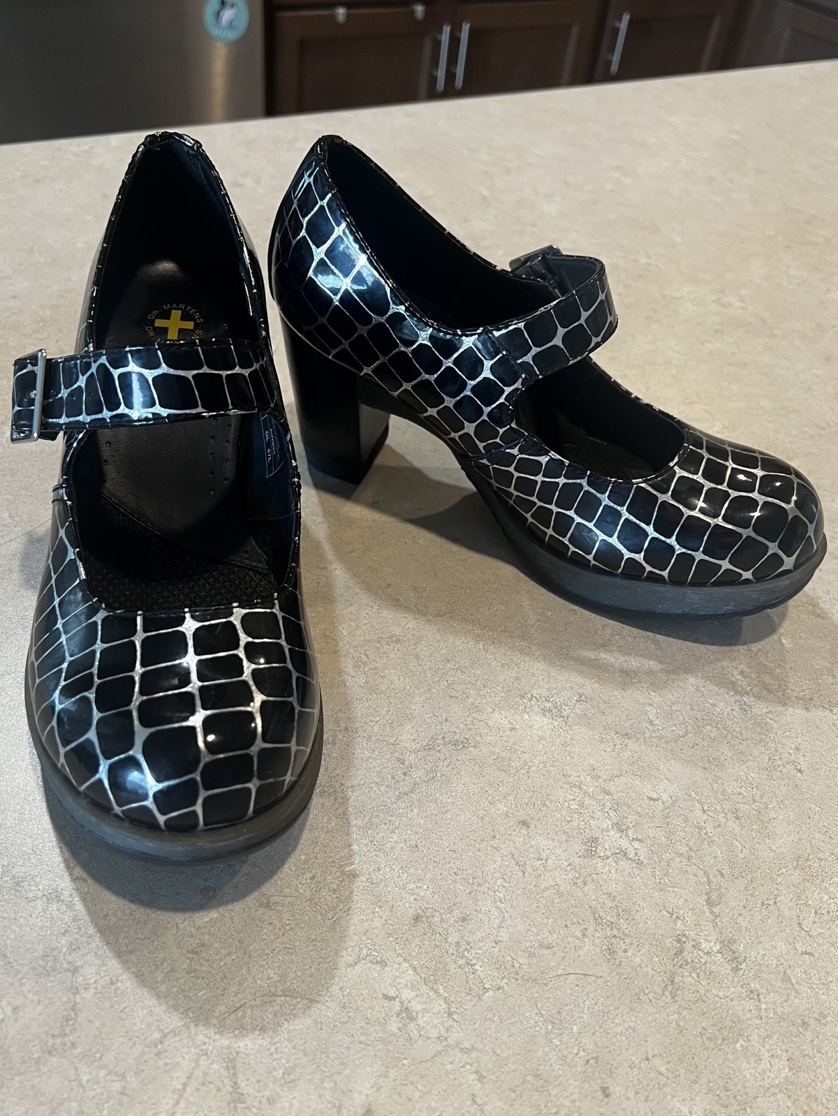Dr Martens Marlena Sz 7 Vintage Heels Black Silver Armor Lamper Croc Mary Jane