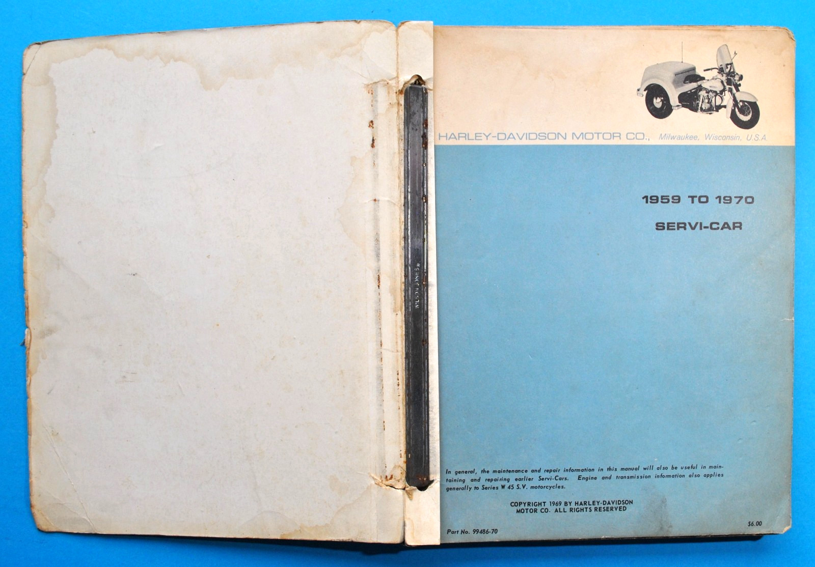 Vintage Original 1959-1970 Harley Davidson Service Manual Book Servi-Car GA GE G