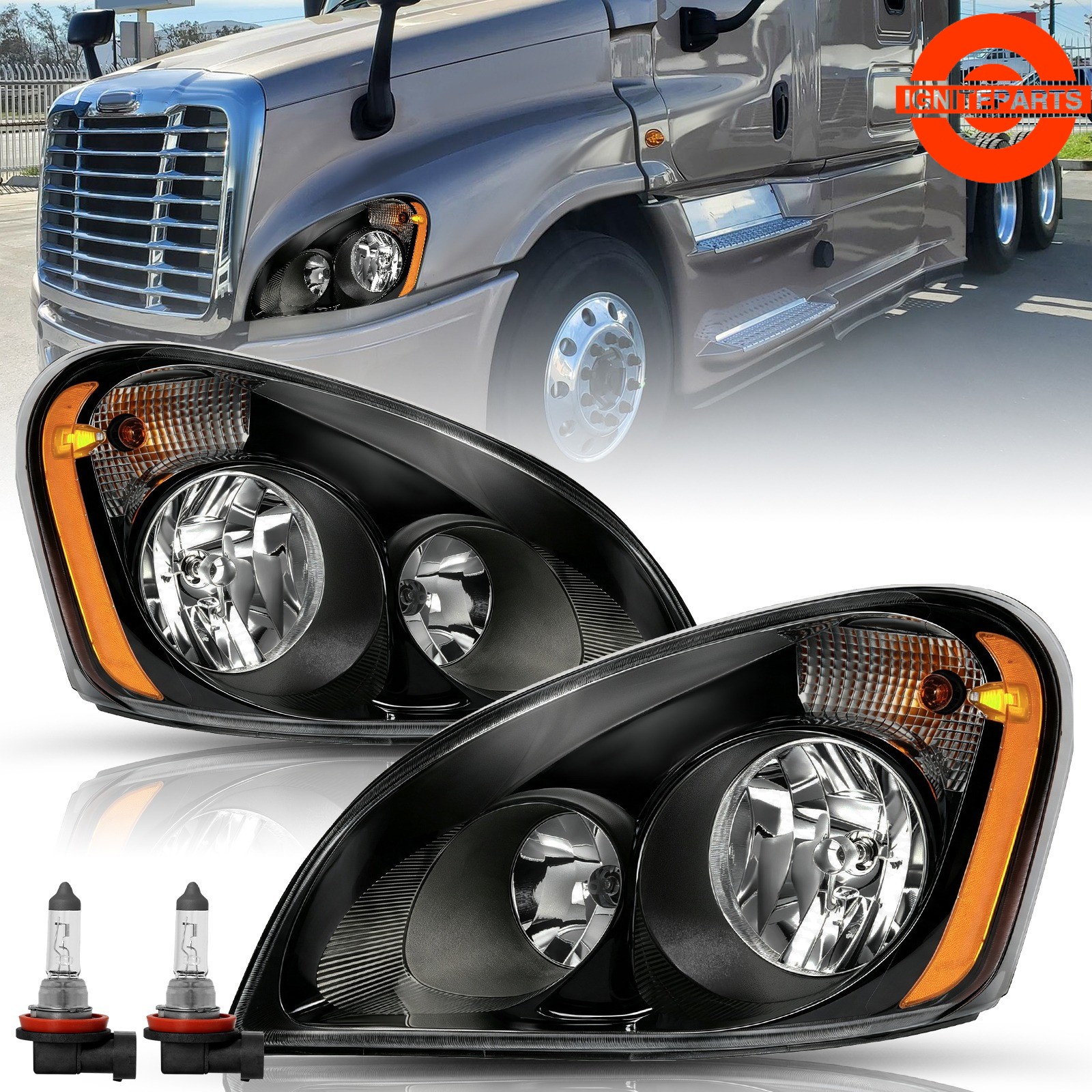 For 2008-2017 Freightliner Cascadia Black Headlights Headlamps Left+Right