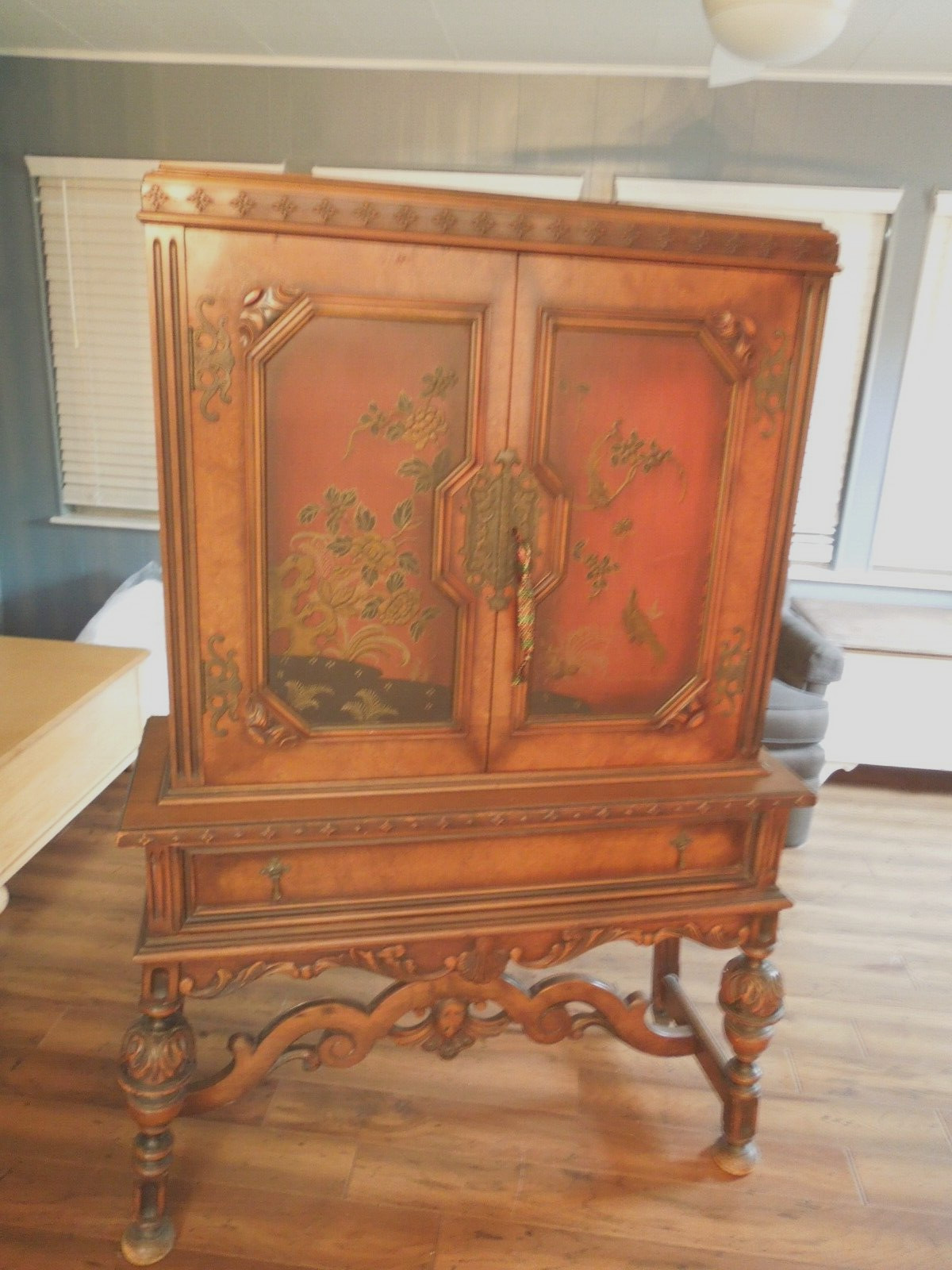 Antique Berkey & Gay China Cabinet Floral & Bird Design 1920's-30's with Key Antique Berkey & Gay China Cabinet Floral & Bird Design 1920's-30's with Key