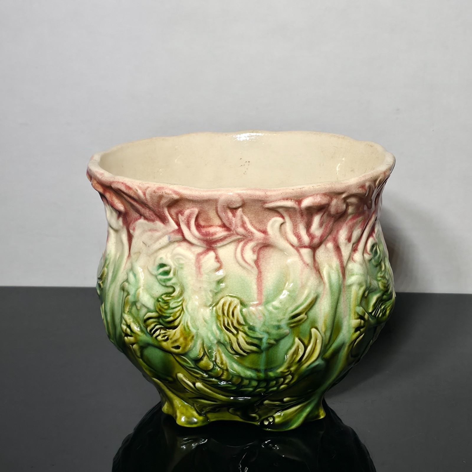 Antique J.B. Owens Pottery Majolica Jardiniere Rooster Birds Blended Glaze c1900 Antique J.B. Owens Pottery Majolica Jardiniere Rooster Birds Blended Glaze c1900