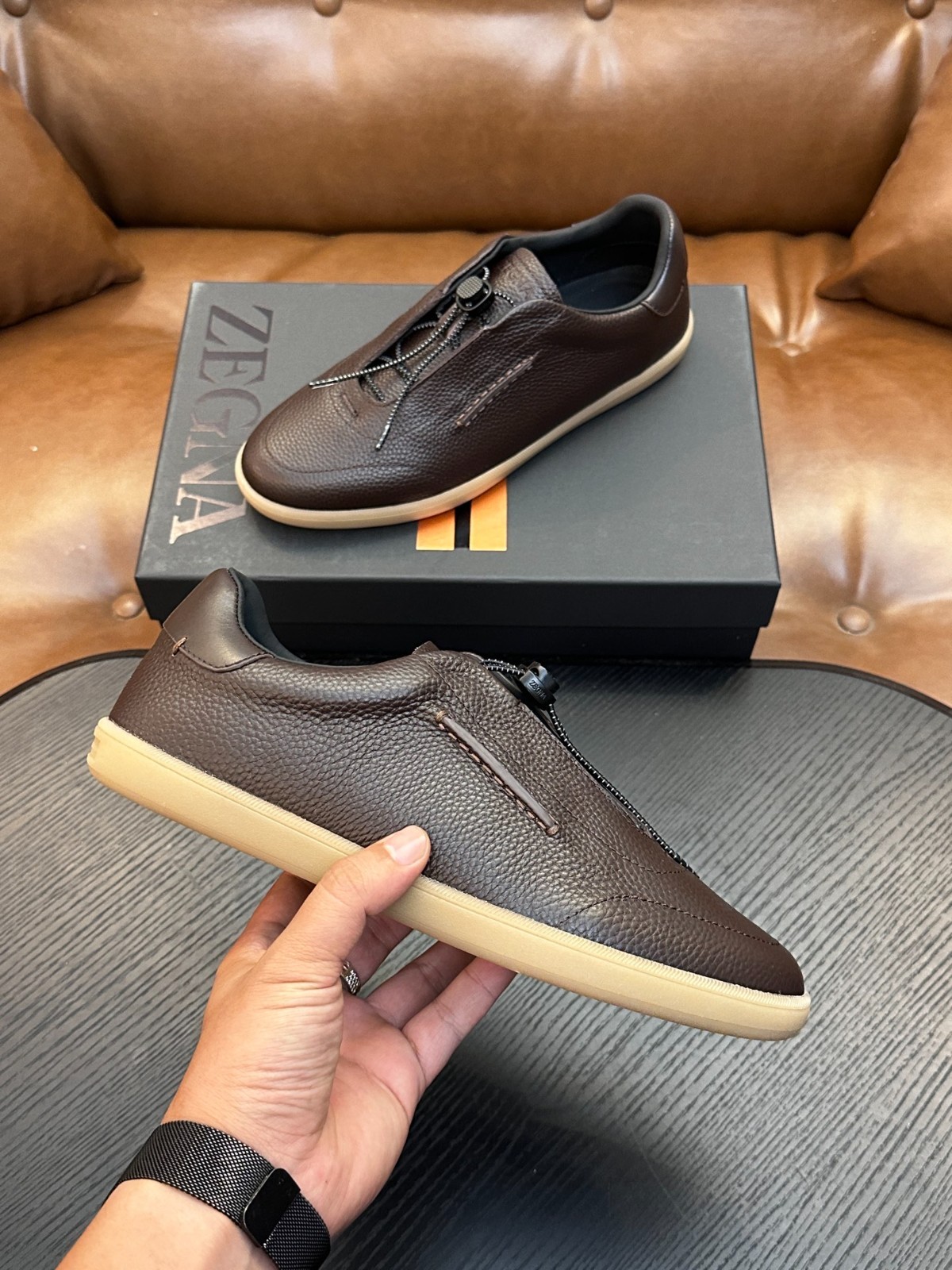 Zegna Men\'s Brown Leather Slip-On Sneakers Casual Shoes Elastic Lacing