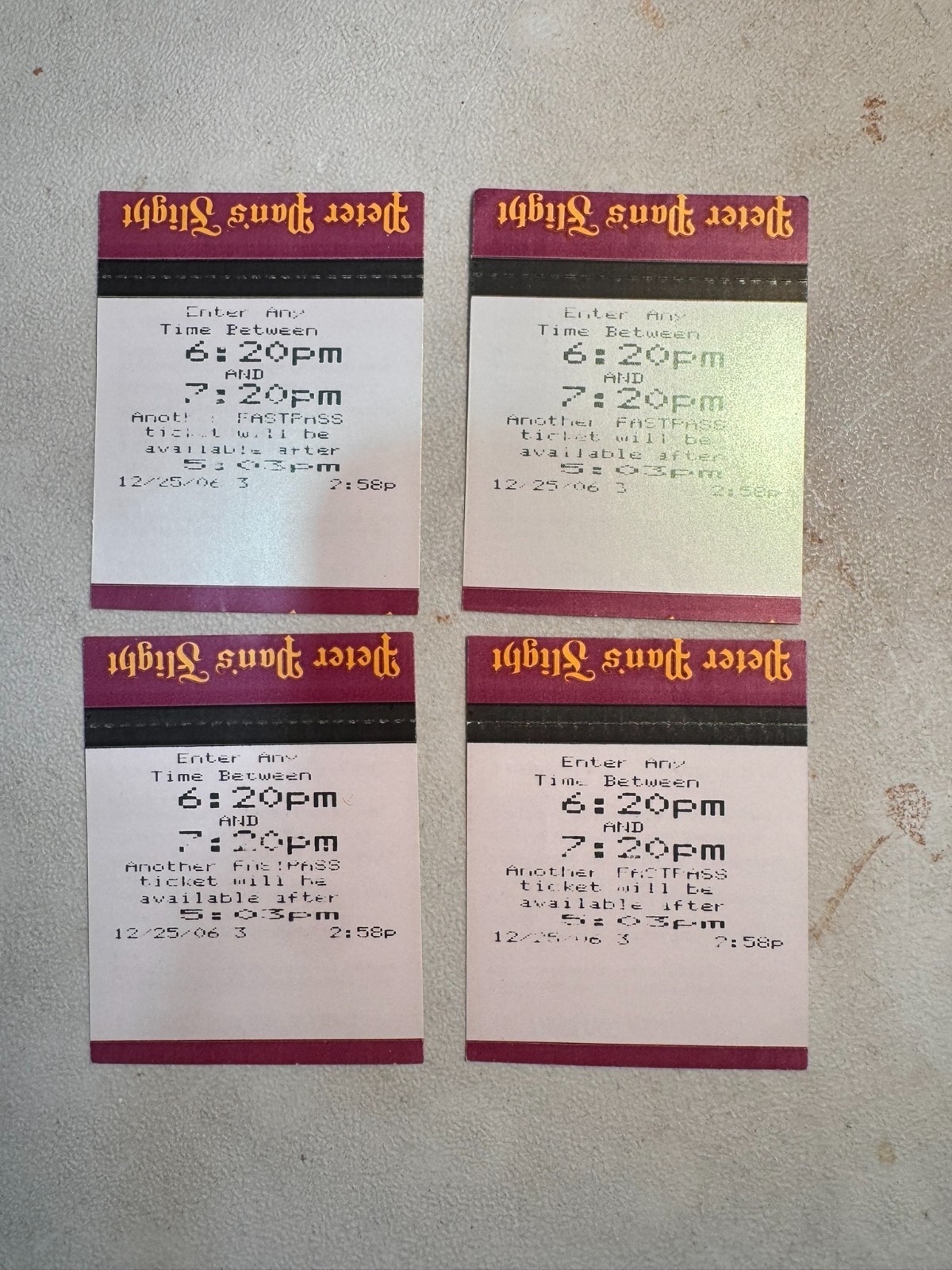 Rare Vintage Disney World FastPass Error Misprint Set 4 Peter Pan Xmas 2006 Rare Vintage Disney World FastPass Error Misprint Set 4 Peter Pan Xmas 2006