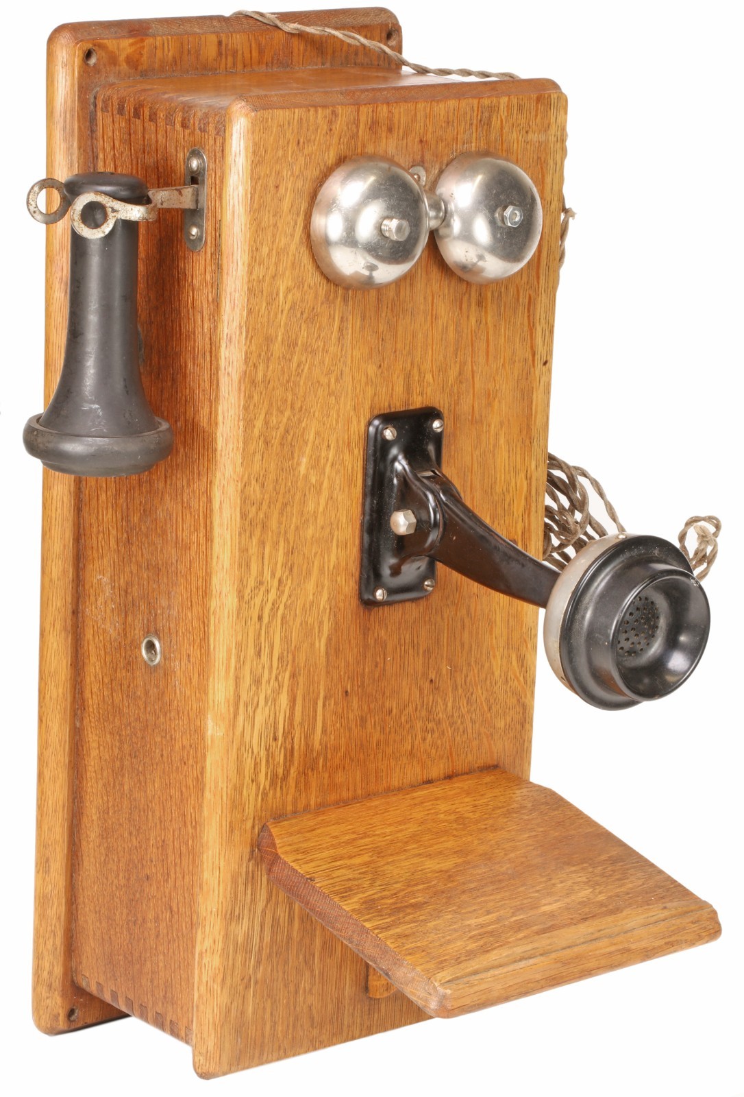 Antique Oak Wall Telephone 5 Bar Magneto Hand Crank Twin Bell Early 1900s
