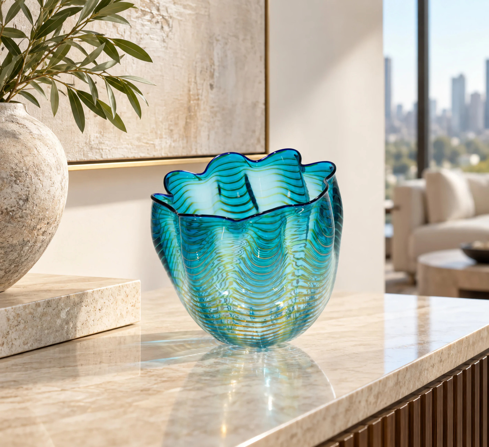 Dale Chihuly Teal Basket Portland Press 1997 Edition Signed Handblown Glass