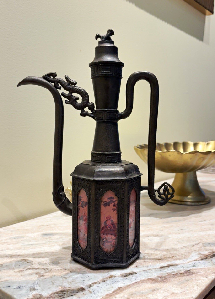 Vintage Chinese Pewter Teapot 6 Hand Painted Glass Panels Qing Dynasty 645 Vintage Chinese Pewter Teapot 6 Hand Painted Glass Panels Qing Dynasty 645