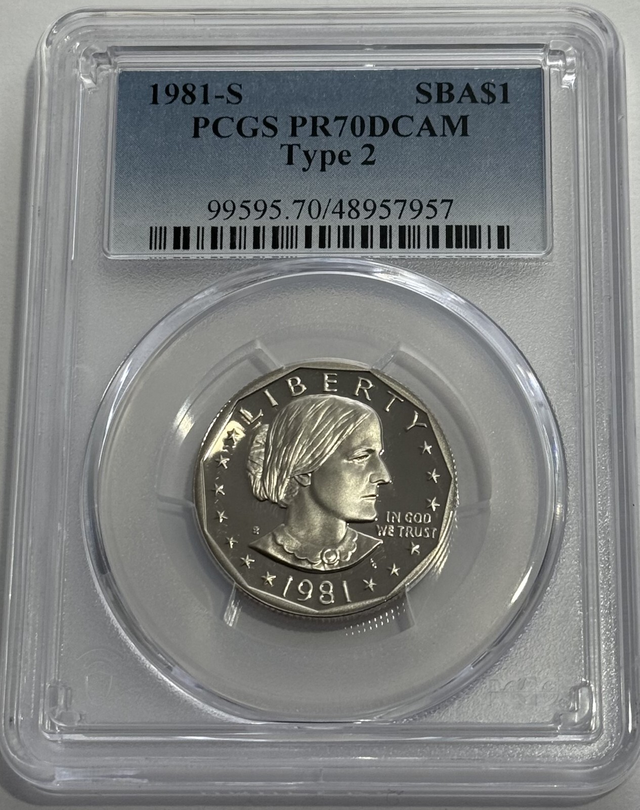 1981 S $1 Type 2 PCGS PR70 DCAM Cameo Proof Susan B. Anthony Dollar SBA Flat S
