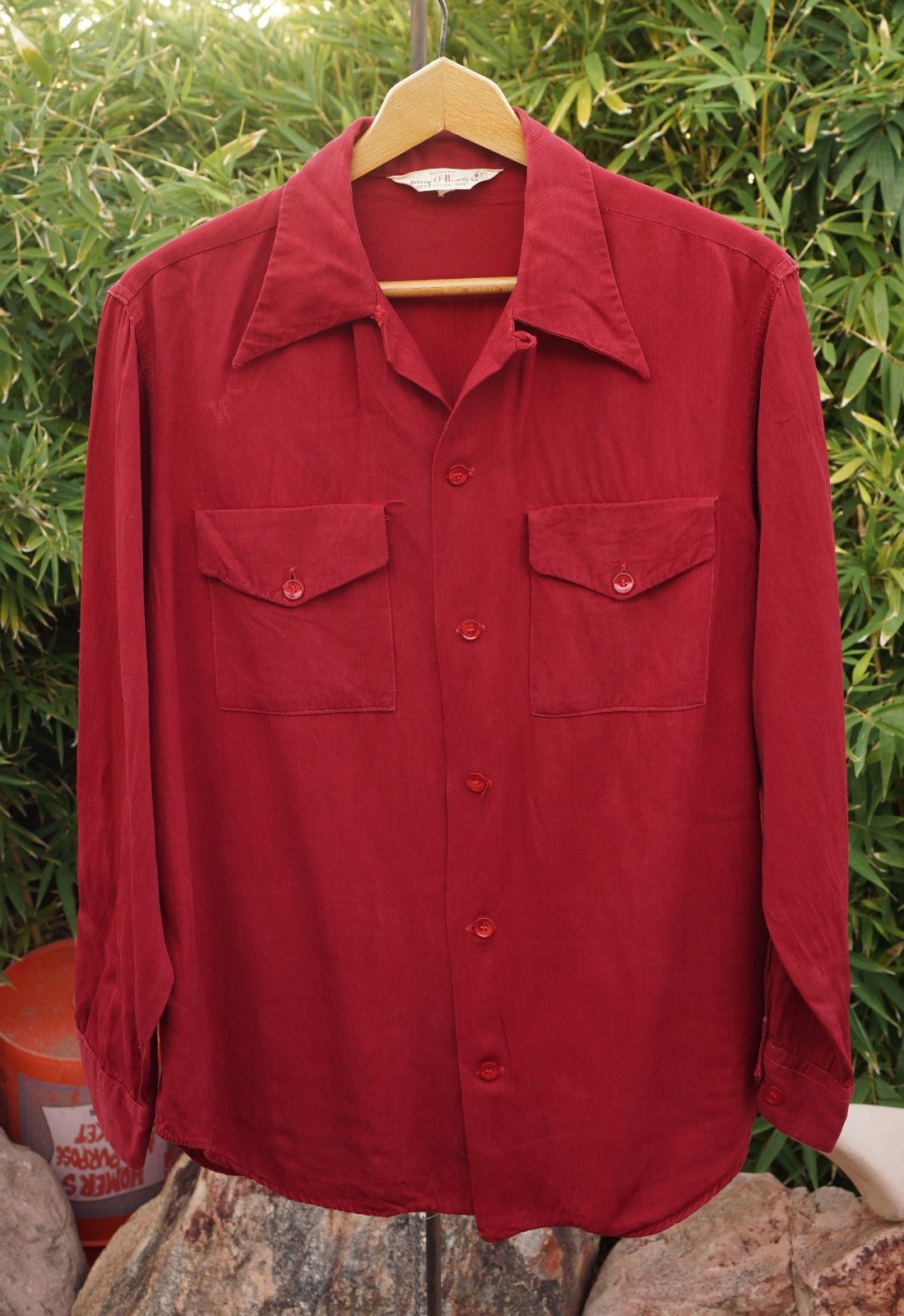 L Vtg 40s 1950s Rayon Gabardine Shirt Rockabilly Loop Collar Flap Pocket Bowling