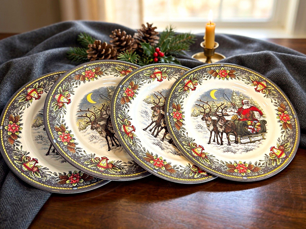 Royal Stafford Santa Sleigh Reindeer 11 in Ceramic Dinner Plates Set of 4