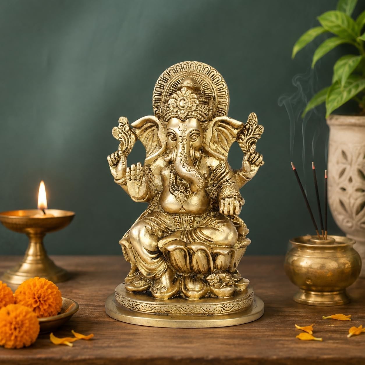 Brass Lord Ganesha Idol on Lotus Base Figurine Statue Sculpture Home Decor